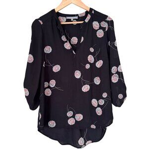 Daniel Rainn Black Floral Print Blouse  M 3/4 Sleeves & High-Low Hem